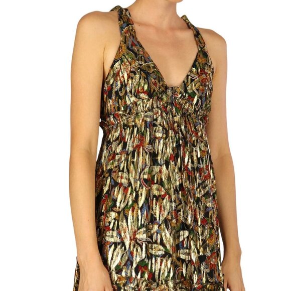 Sezane Graziella Metallic Gold Botanical Print Maxi Dress Size EU 46 / US 14 NWT - Picture 7 of 16
